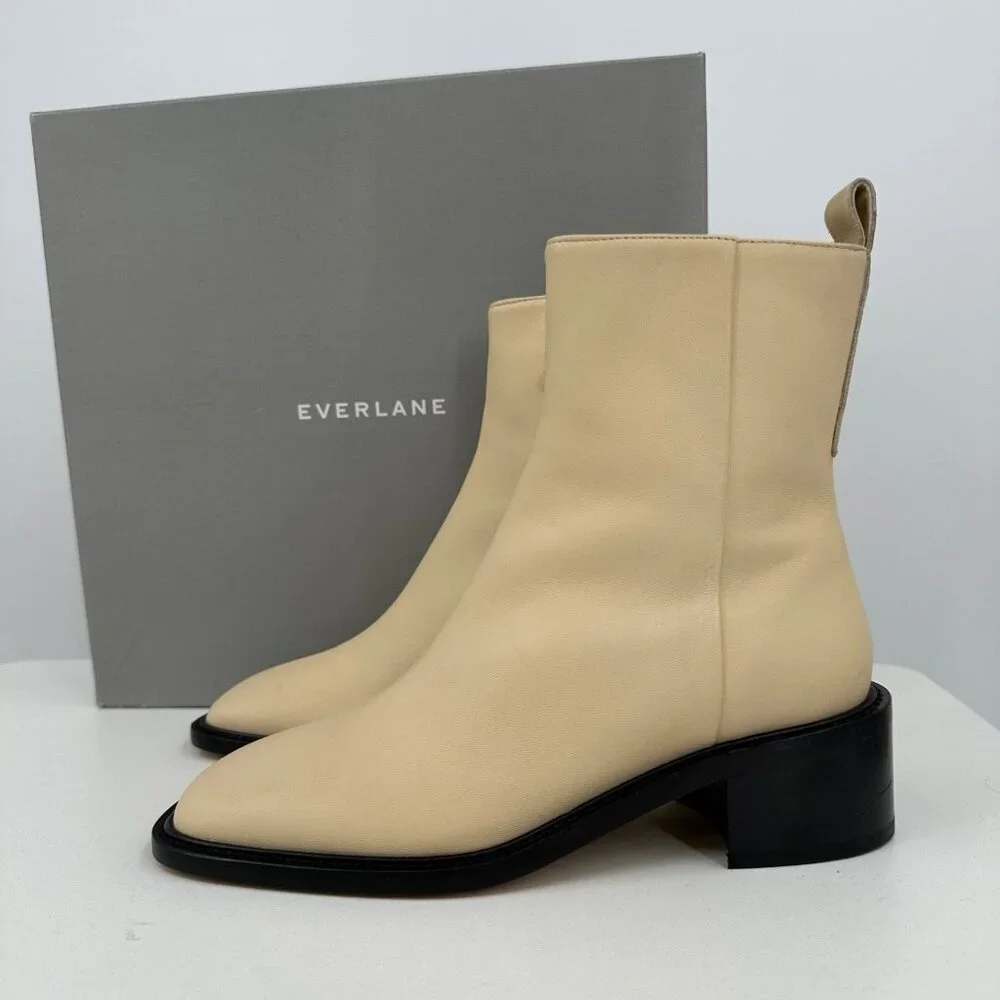 Everlane The City Boot in Cream Leather 5 Women's Side Zip Block Heel Ankle